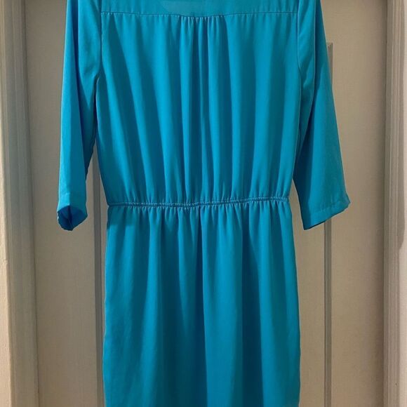 AQUA 3/4 sleeve midi dress 👗 teal/blue with black collar trim and buttons. Sz S - Picture 3 of 6